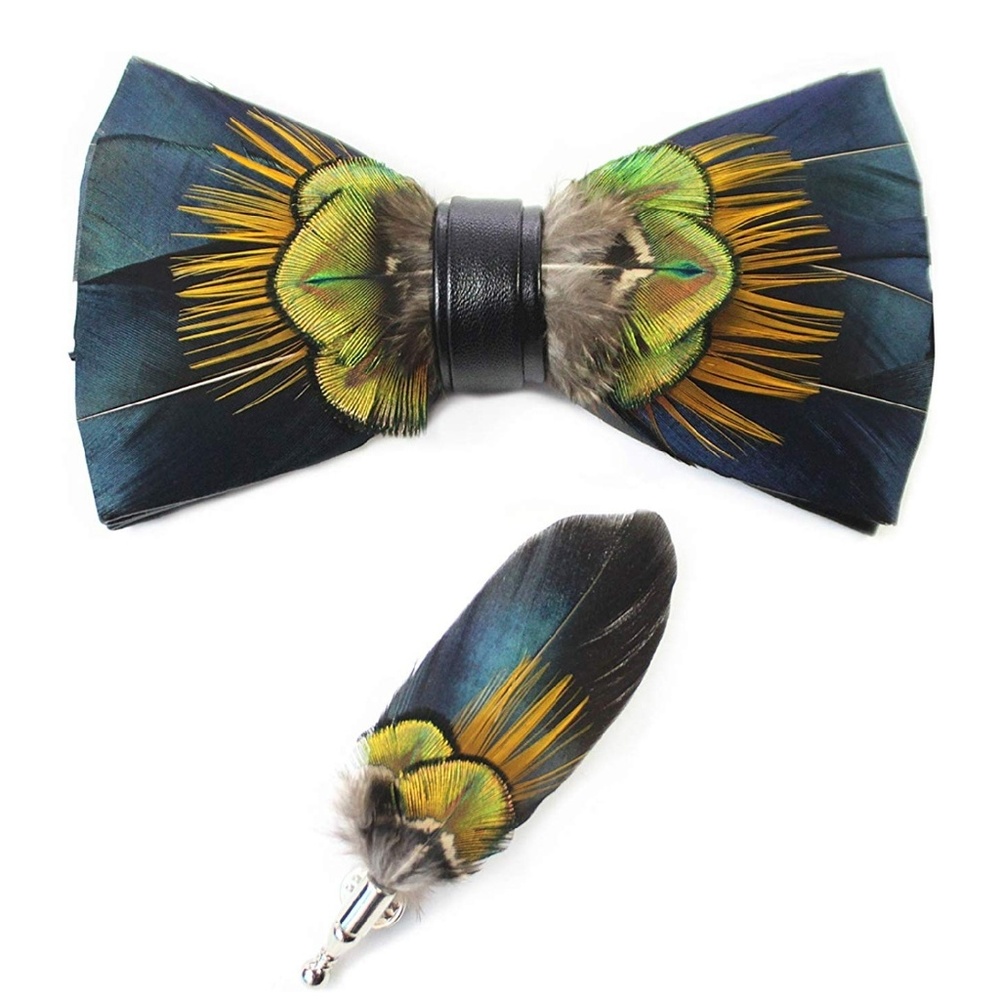 Mens Natural Feather Pre-Tied Bow tie & Lapel Pin